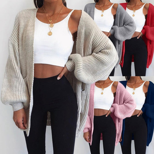 Damen Grober Strickcardigan mit ballonförmigen Ärmeln und lässigem Schnitt Stalluxe