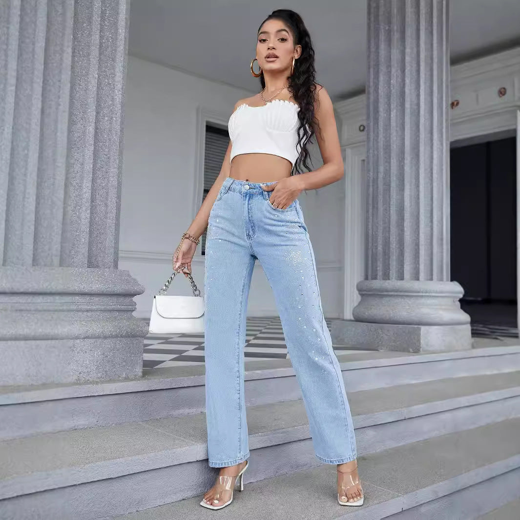 Damen Weit geschnittene Jeans mit funkelnden Strassdetails Stalluxe