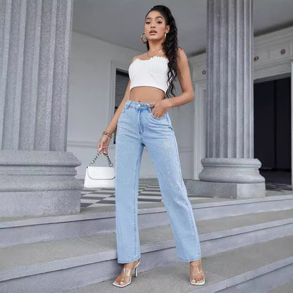 Damen Weit geschnittene Jeans mit funkelnden Strassdetails Stalluxe