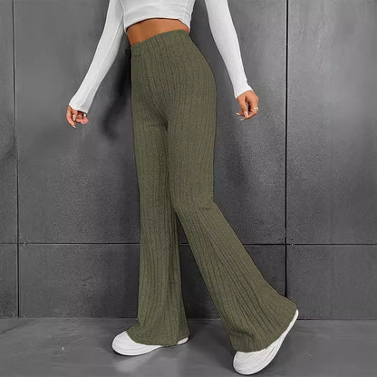 Women's Flared Ribbed Knit Trousers Stalluxe Army Green