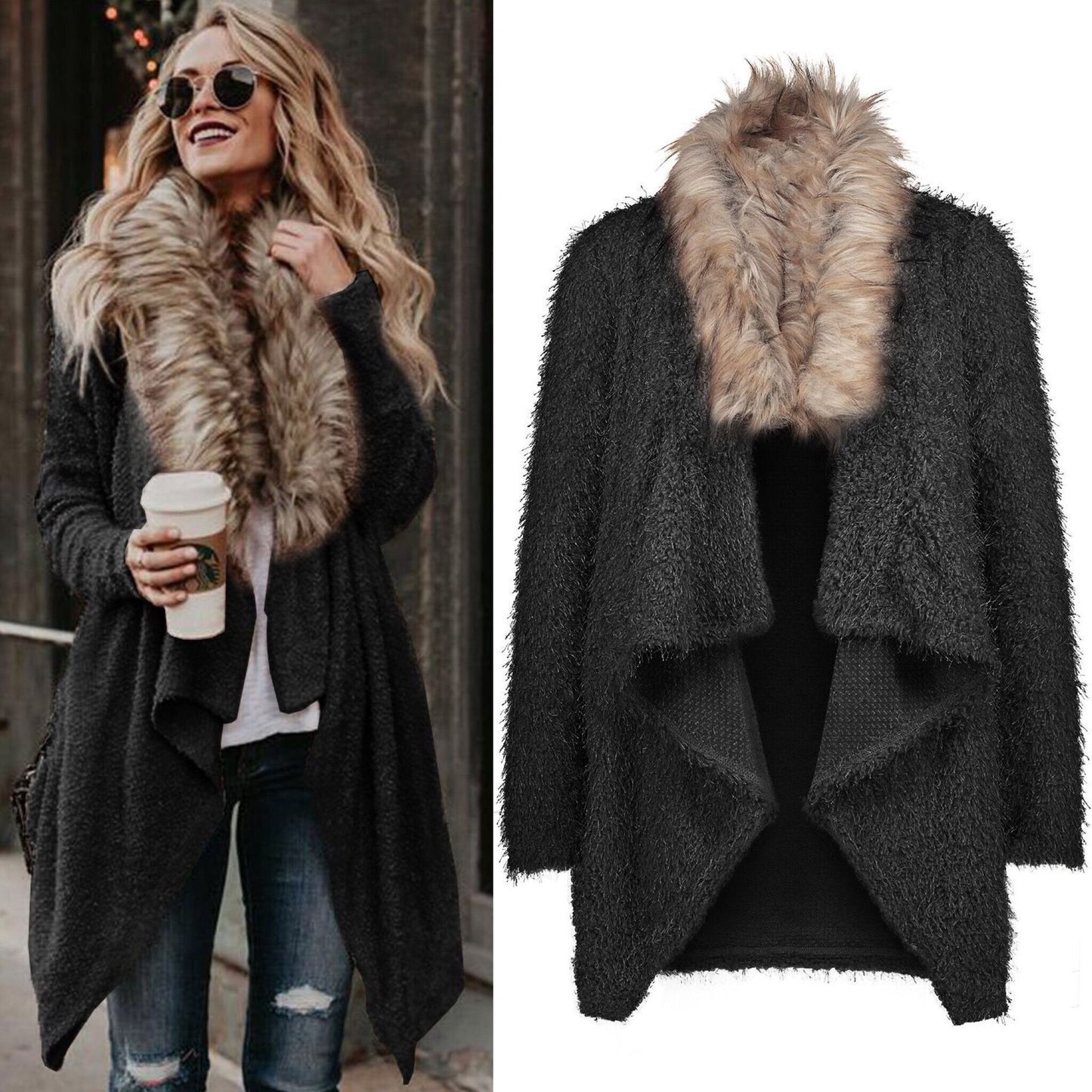 Damen Flauschiger Cardigan mit abnehmbarem Kunstfellkragen Stalluxe