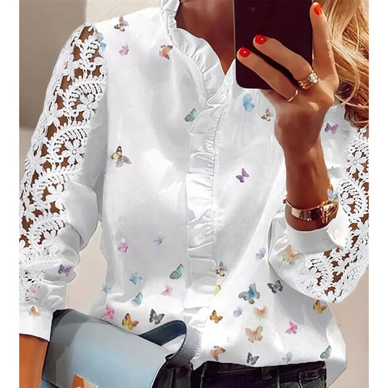 Damen Bluse mit floralen Applikationen, Rüschendetails und Spitzenärmeln Stalluxe