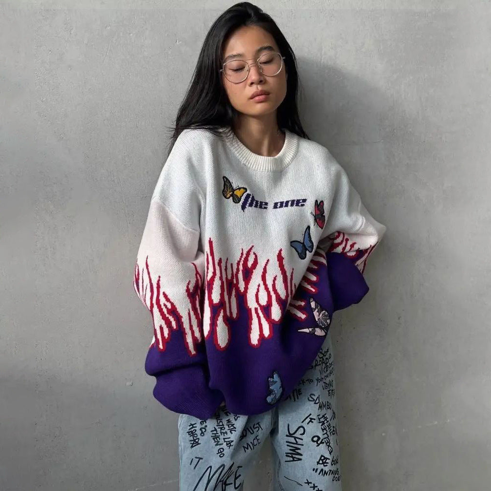 Damen Grobstrickpullover mit einzigartigem Flammen- und Schmetterlingsdesign Stalluxe