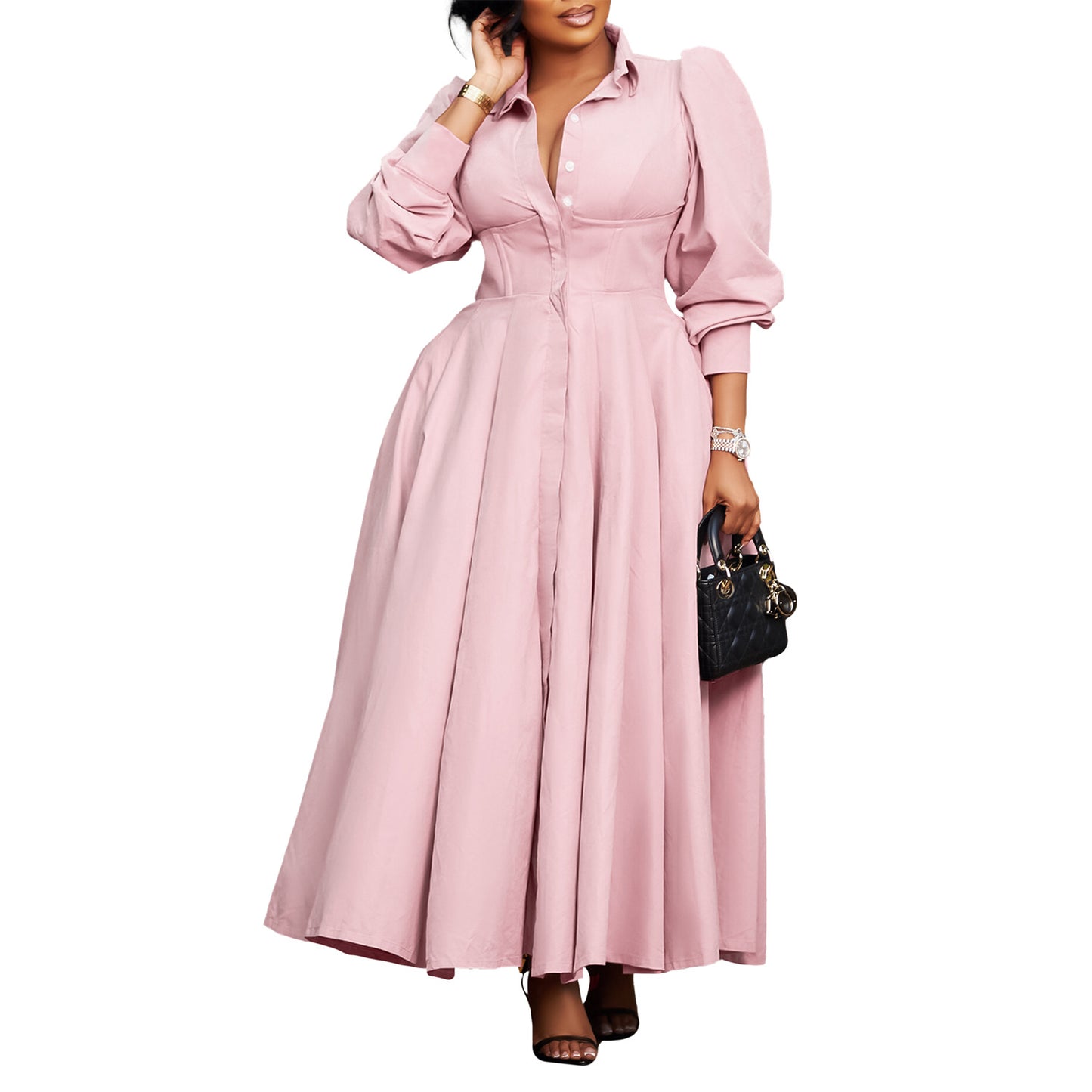 Damen Maxikleid mit eleganten Knopfdetails und weit ausgestellt Rock Stalluxe