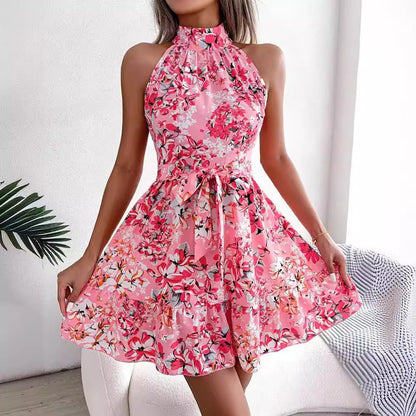 Damen ärmelloses Blumenkleid mit Rüschen und hochgeschlossenem Design Stalluxe