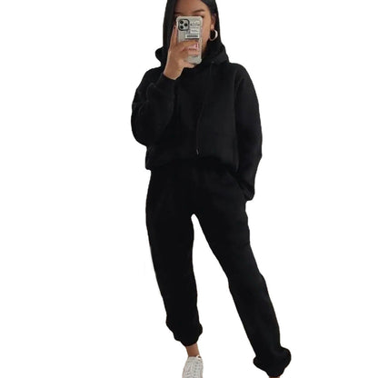 Damen lässiger Fleece-Sweatsuit mit cropped Hoodie und elastischer Hose Stalluxe