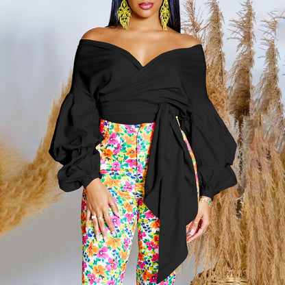 Damen Wickelbluse mit voluminösen Ärmeln und Taillengürtel Stalluxe
