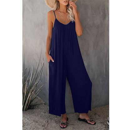 Damen Lässiger Sommer-Jumpsuit mit tiefem Ausschnitt und praktischen Taschen Stalluxe