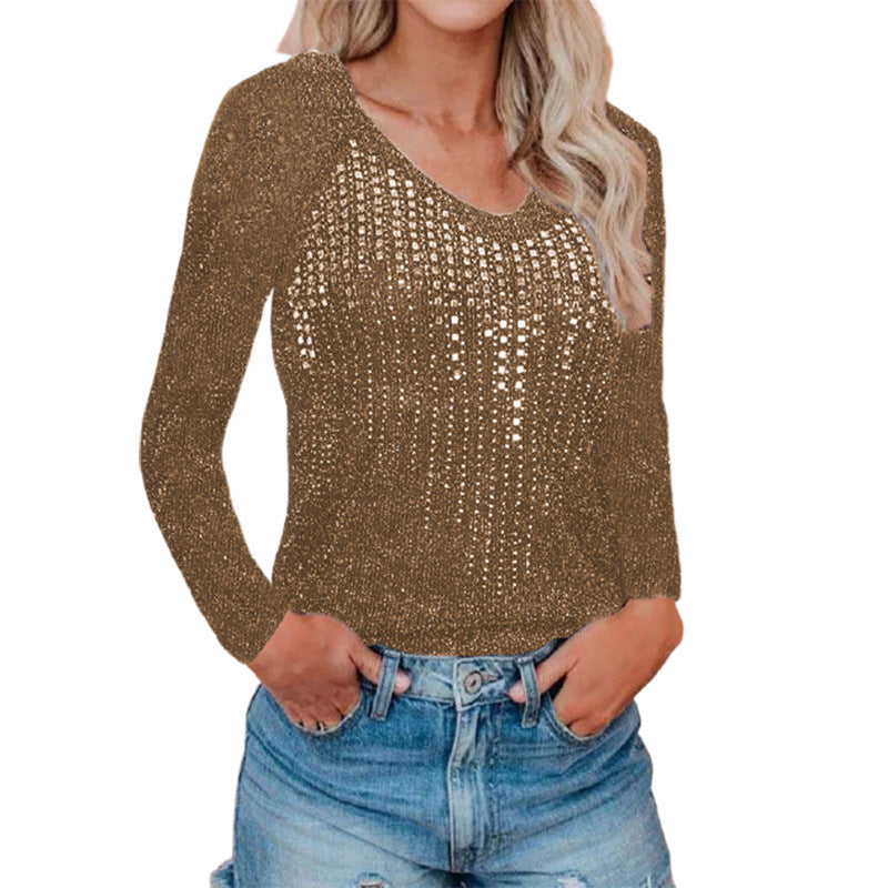 Damen Glitzerndes Langarmshirt mit tiefem V-Ausschnitt und funkelnden Akzenten Stalluxe