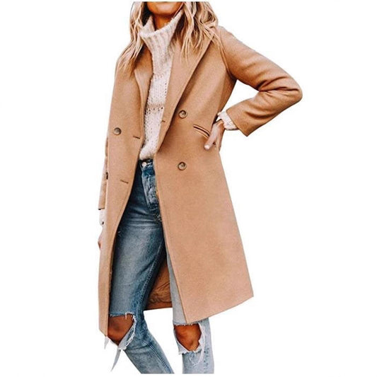 Damen eleganter, klassischer Wollmantel mit doppelter Knopfreihe und praktischen Taschen Stalluxe
