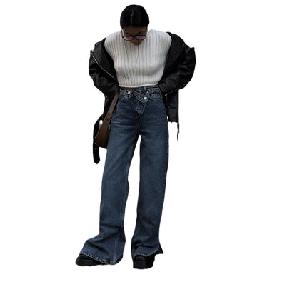 Damen High-Waist Jeans mit weitem Schnitt und seitlichen Schlitzen Stalluxe