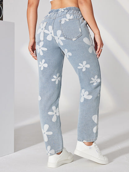 Damen lässige Denim-Hose mit floralem Muster und gemütlichem Bund Stalluxe