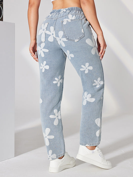 Damen lässige Denim-Hose mit floralem Muster und gemütlichem Bund Stalluxe