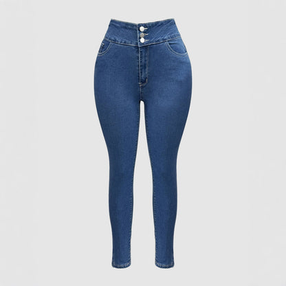 Damen Hochgeschnittene Skinny Jeans mit modischen Knopfdetails Stalluxe