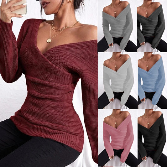 Damen Eleganter und lockerer Pullover mit tiefem V-Ausschnitt und langen Ärmeln Stalluxe