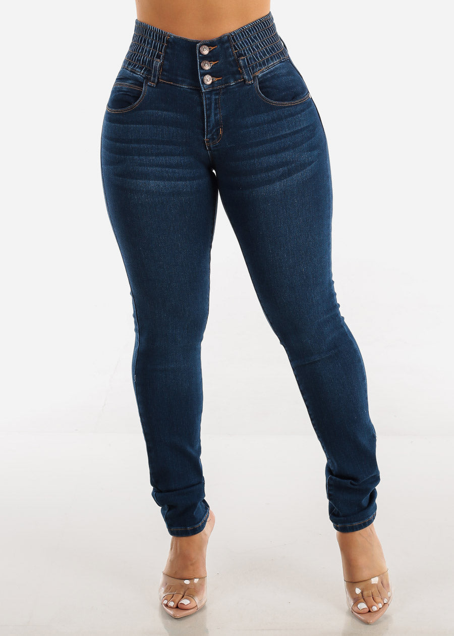 Damen Slim Fit Jeanshose mit elastischem Bund und Knopfverschluss Stalluxe