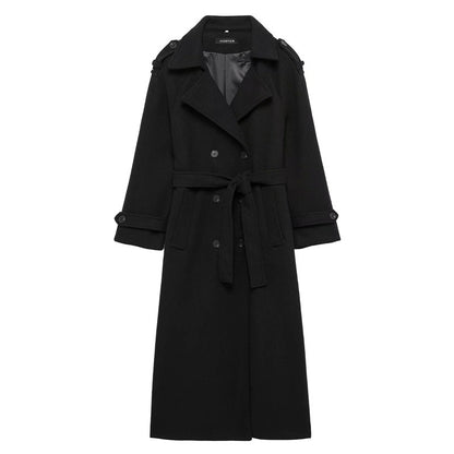 Damen Eleganter Wolltrenchcoat mit doppelter Knopfleiste und Taillengürtel Stalluxe
