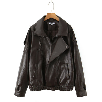 Damen Modische Kunstlederjacke mit erotischem Revers und elastischem Saum Stalluxe
