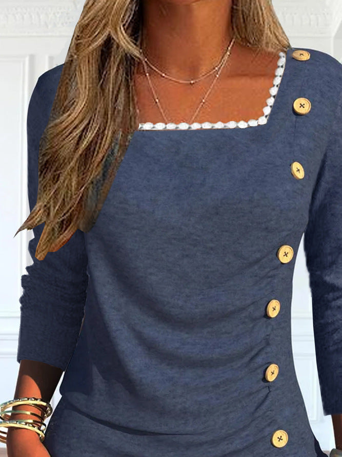 Damen Langarmshirt mit quadratischem Ausschnitt und dekorativen Knopfdetails Stalluxe