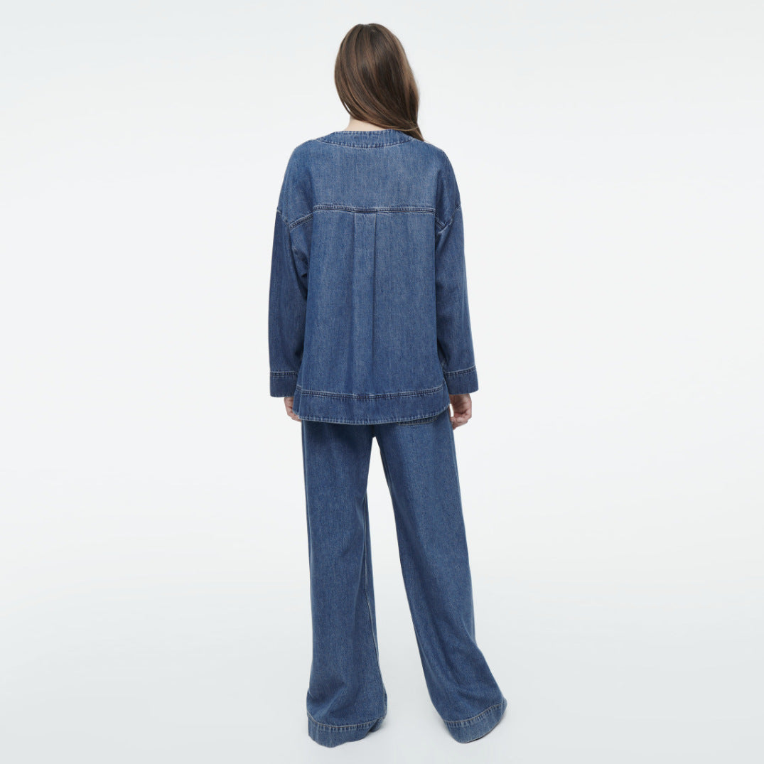 Damen lässiges Denim-Jacket-Hosen-Set mit Übergrößen Stalluxe