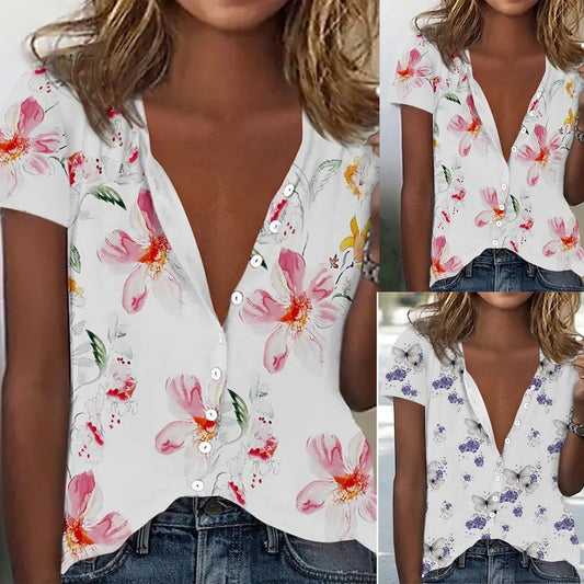 Damen Bluse mit floralem Muster und tiefem V-Ausschnitt Stalluxe