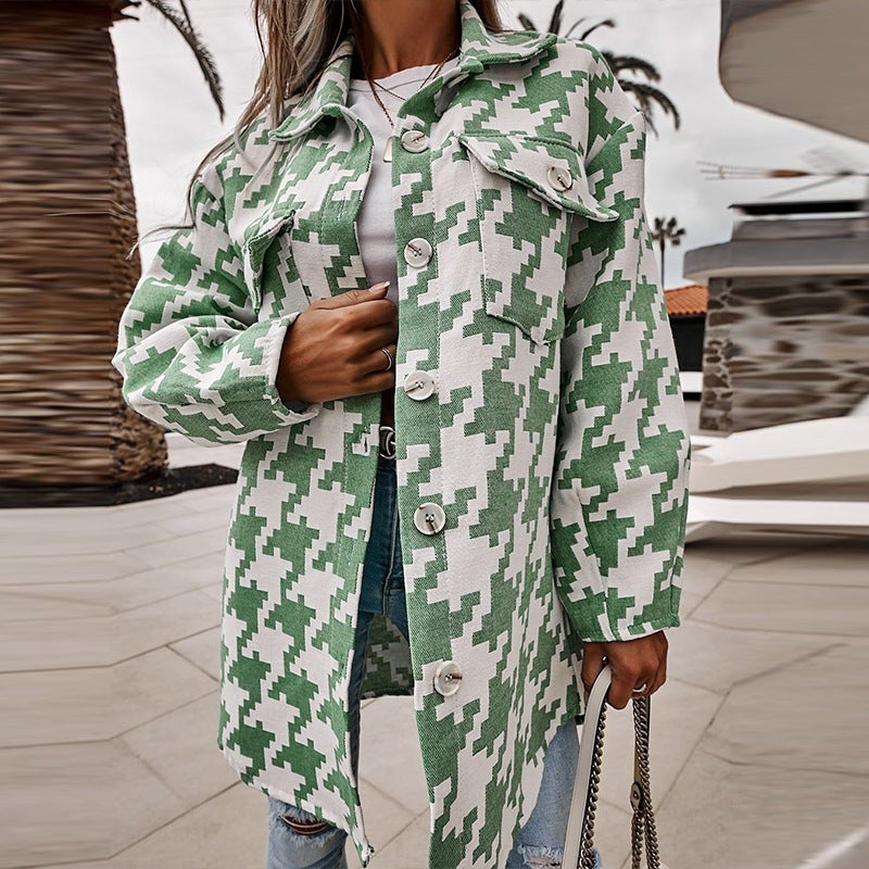 Damen Oversized Jacke im Hahnentritt-Design mit Taschen Stalluxe