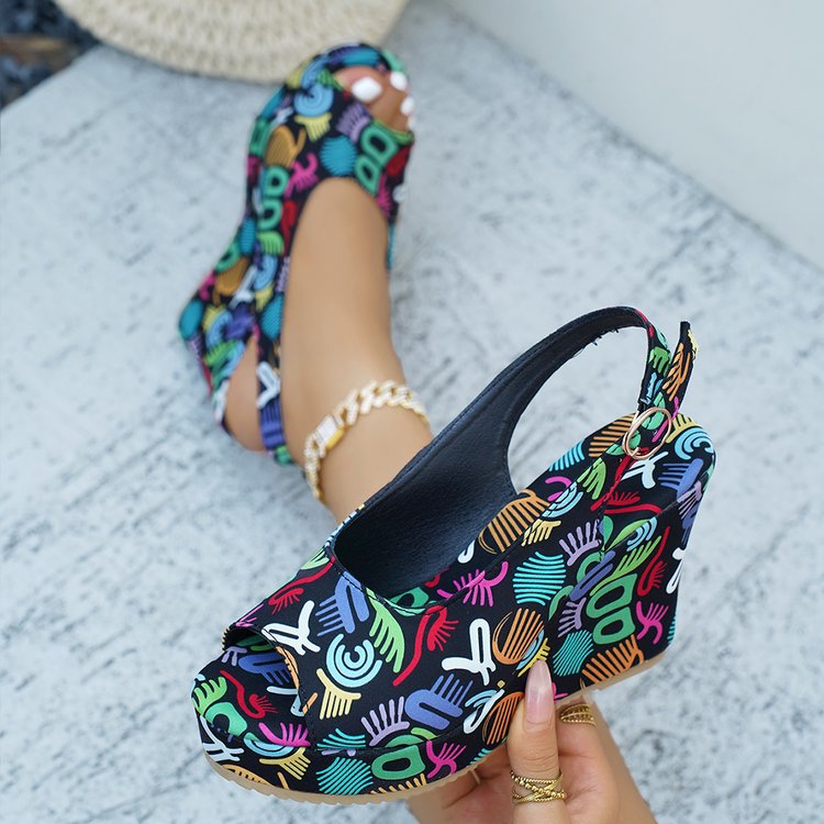 Damen Wedge-Pantoletten mit buntem Grafikdesign und verstellbarem Riemen Stalluxe