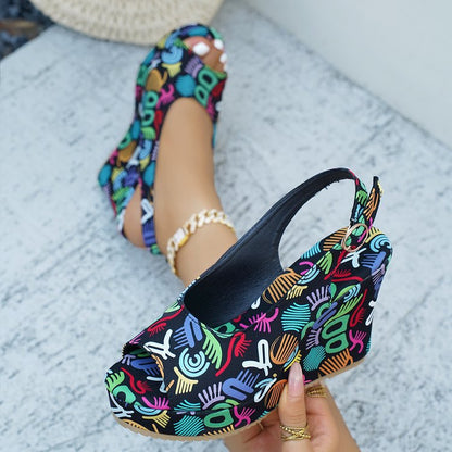 Damen Wedge-Pantoletten mit buntem Grafikdesign und verstellbarem Riemen Stalluxe