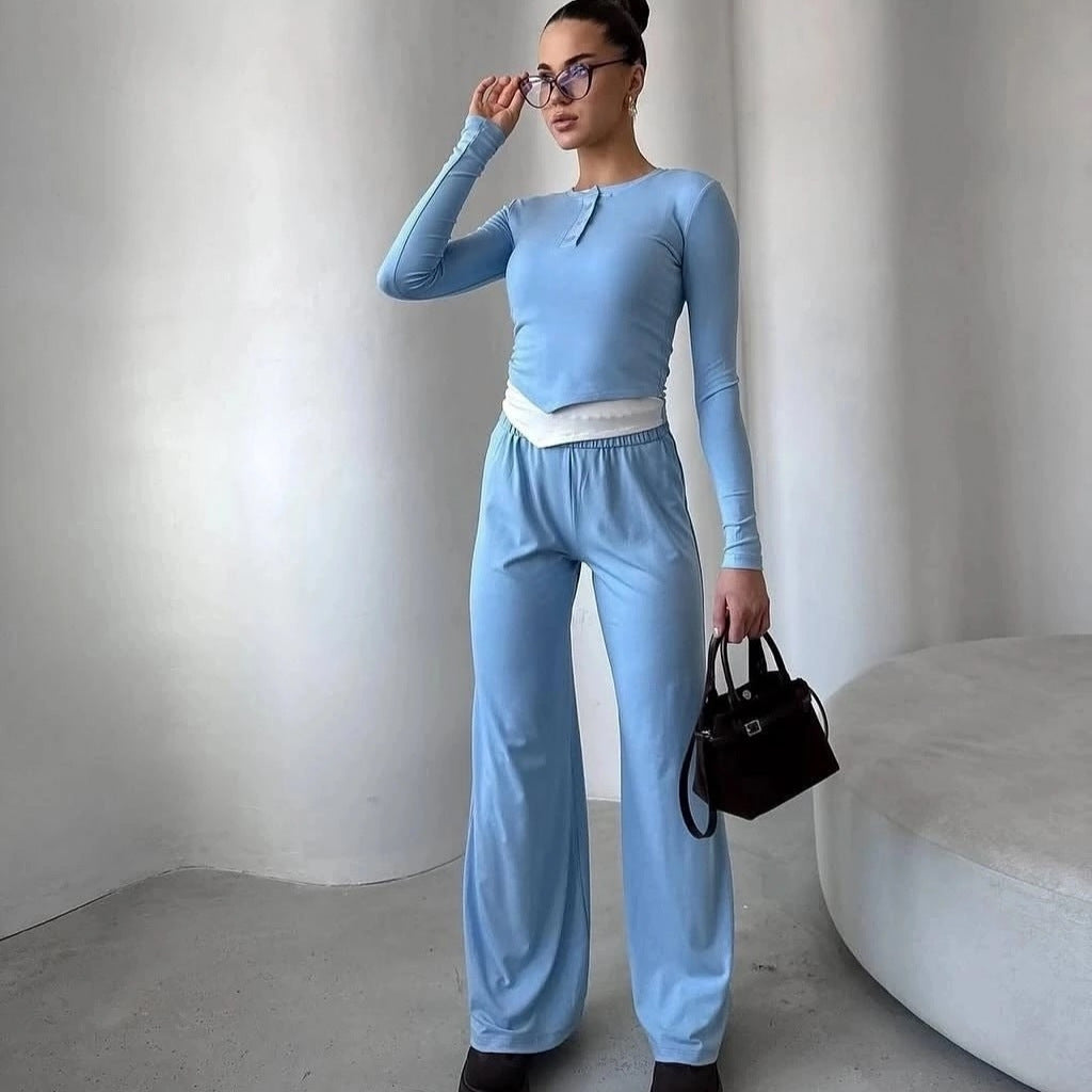 Damen gemütlicher Lounge-Anzug mit elegantem Kragen und weitem Bein Stalluxe