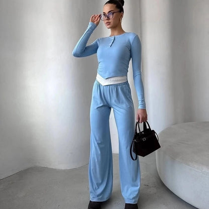 Damen gemütlicher Lounge-Anzug mit elegantem Kragen und weitem Bein Stalluxe
