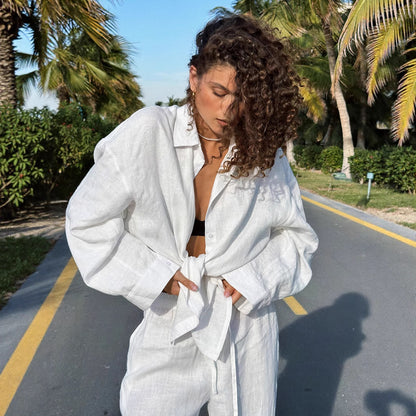 Damen lässiger Leinenanzug mit weiten Hosen und oversize Hemd Stalluxe