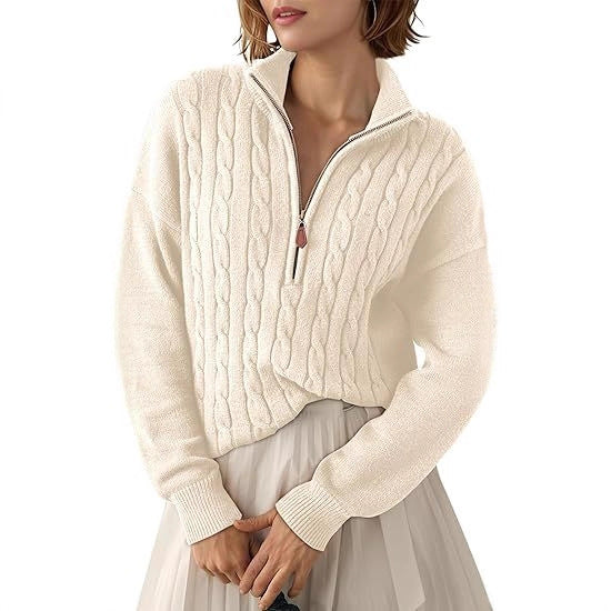 Damen Grobstrick Pullover mit Stehkragen und halbem Reißverschluss Stalluxe