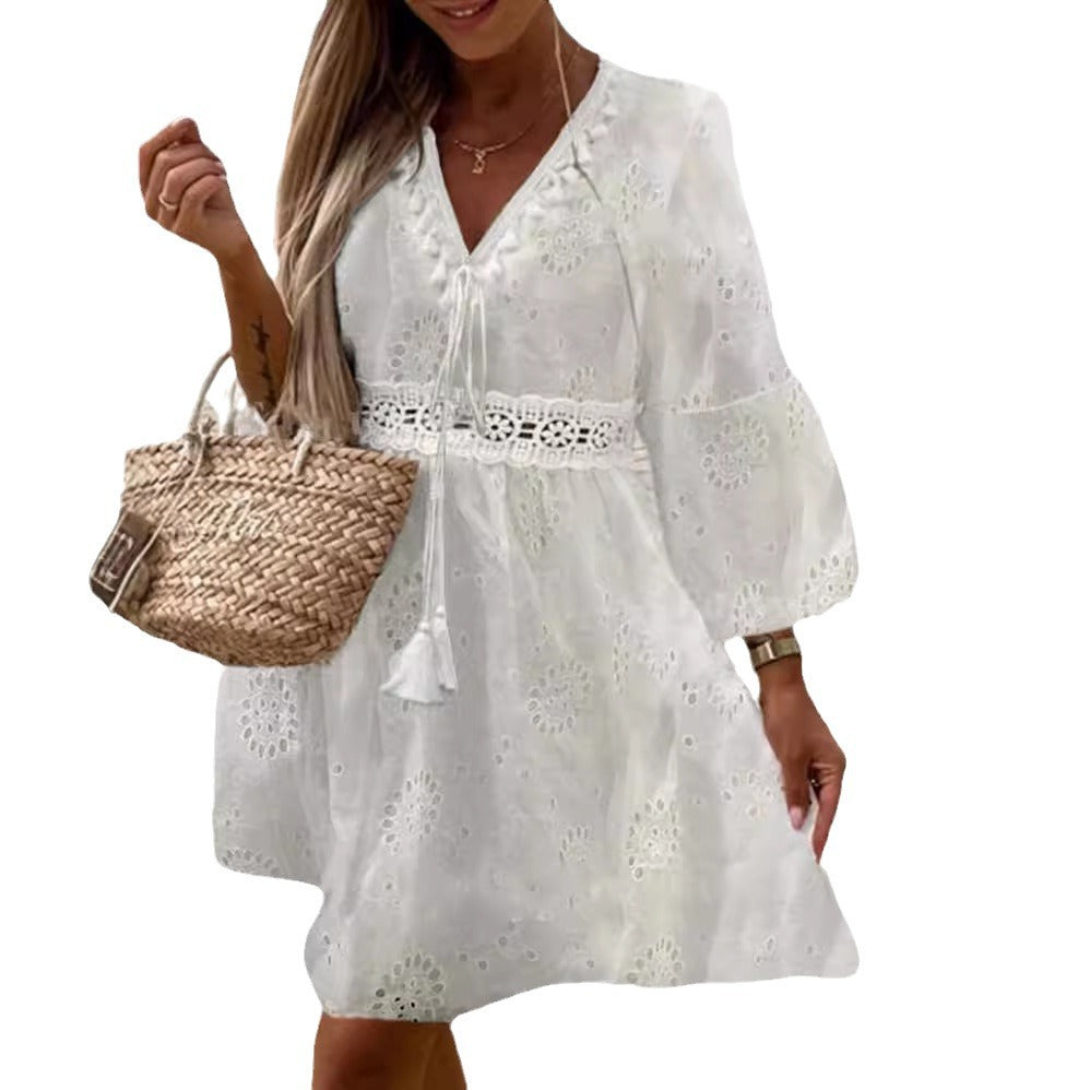 Damen Sommerkleid mit luftigen Trompetenärmel und elegantem Häkelgürtel Stalluxe