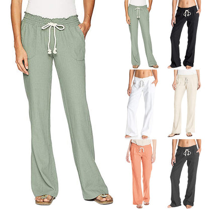 Damen weite Leinenhose mit elastischem Bund und praktischen Taschen Stalluxe