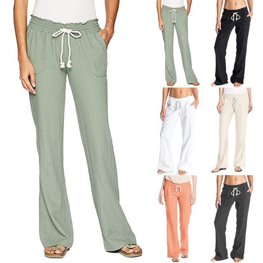 Damen weite Leinenhose mit elastischem Bund und praktischen Taschen Stalluxe