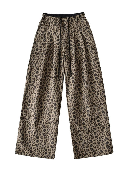 Damen Trendige weite Leoparden-Hose mit elastischem Bund und Bindegürtel Stalluxe