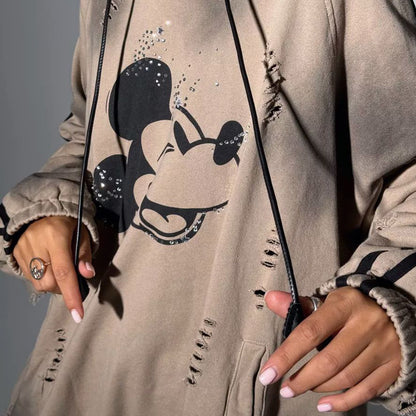 Damen Oversized Kapuzenpullover mit modischen Rissdetails und grafischem Print Stalluxe