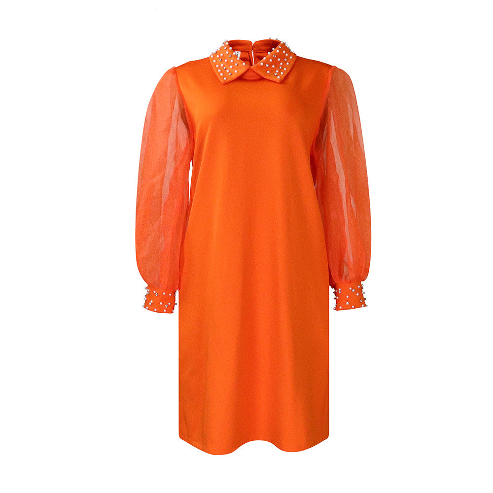 Damen Kleid mit transparenten Ärmeln und Perlenverzierung Stalluxe Orange
