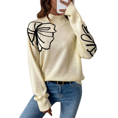 Damen weicher Strickpullover mit floralem Muster und hohem Kragen Stalluxe