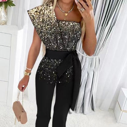 Damen One-Shoulder Jumpsuit mit glitzerndem Oberteil und Taillengürtel Stalluxe