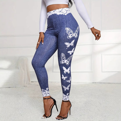 Damen Leggings mit floralem Spitzensaum und buntem Schmetterlingsdruck Stalluxe