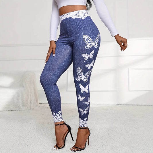 Damen Leggings mit floralem Spitzensaum und buntem Schmetterlingsdruck Stalluxe