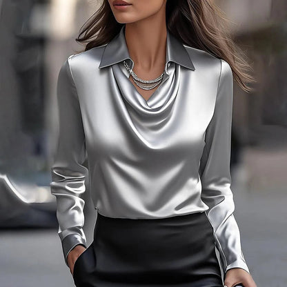 Damen elegante Bluse mit fließendem Kragen und langem Arm Stalluxe