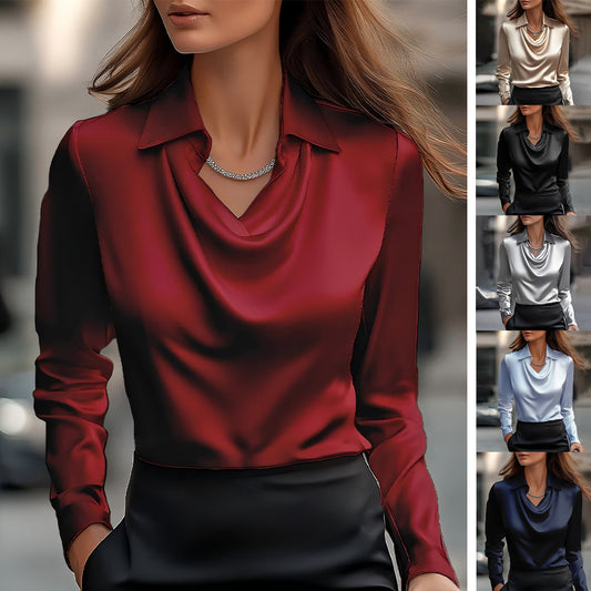 Damen elegante Bluse mit fließendem Kragen und langem Arm Stalluxe