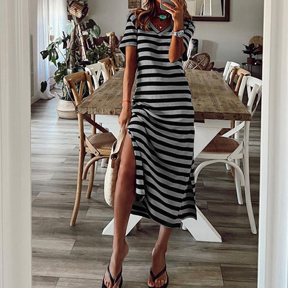 Damen Maxikleid mit tiefem Seitenschlitz und modischem Streifenmuster Stalluxe