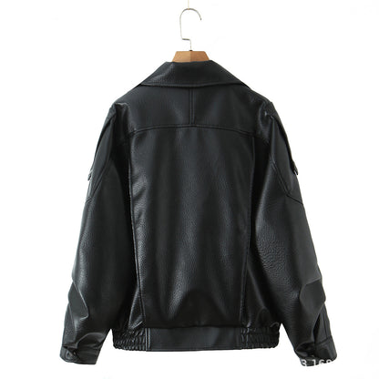 Damen Modische Kunstlederjacke mit erotischem Revers und elastischem Saum Stalluxe