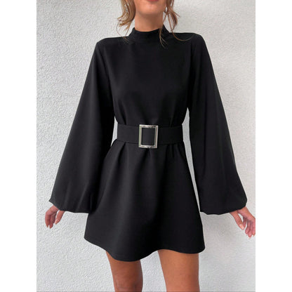 Damen elegante Minikleidung mit Gürtel und langen Ärmeln Stalluxe