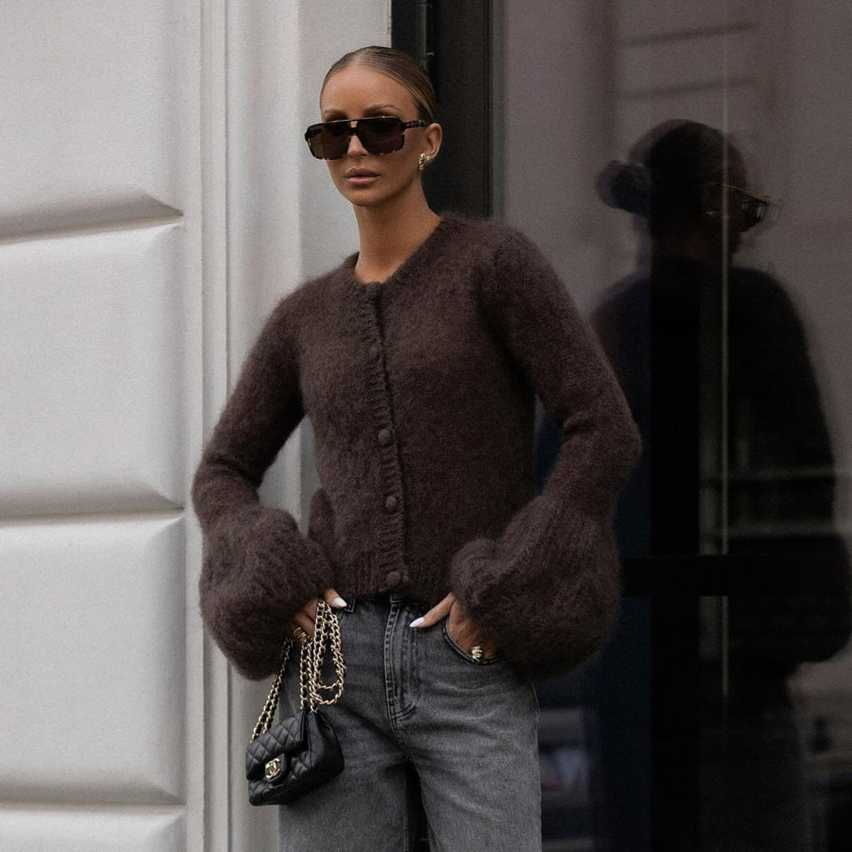 Damen Cardigan mit voluminösen Ärmeln und weichem Mohair-Woll-Mix Stalluxe