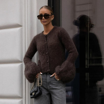 Damen Cardigan mit voluminösen Ärmeln und weichem Mohair-Woll-Mix Stalluxe