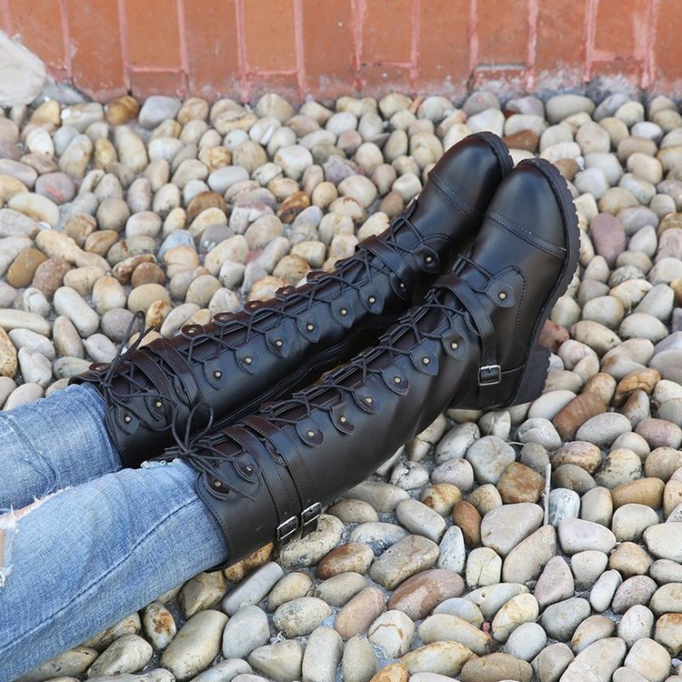 Damen Lange Schnürstiefel mit modischen Riemen Stalluxe